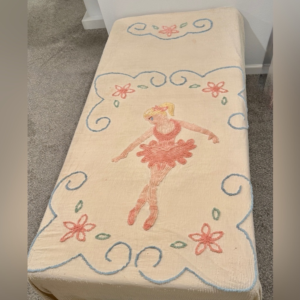 Vintage 1950s Chenille Bedspread Set Ballerina Motif Pink Twin/Full Set of 2